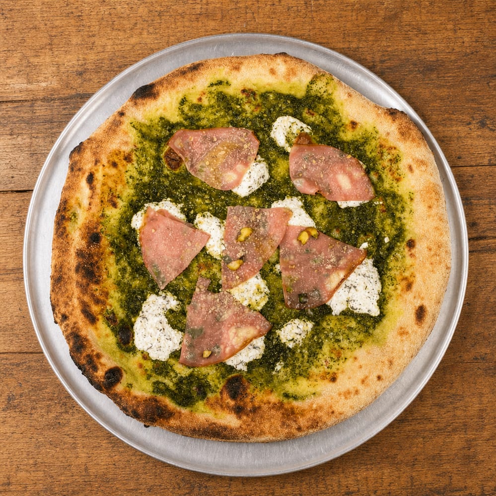 Pesto Mortadella Pizza.